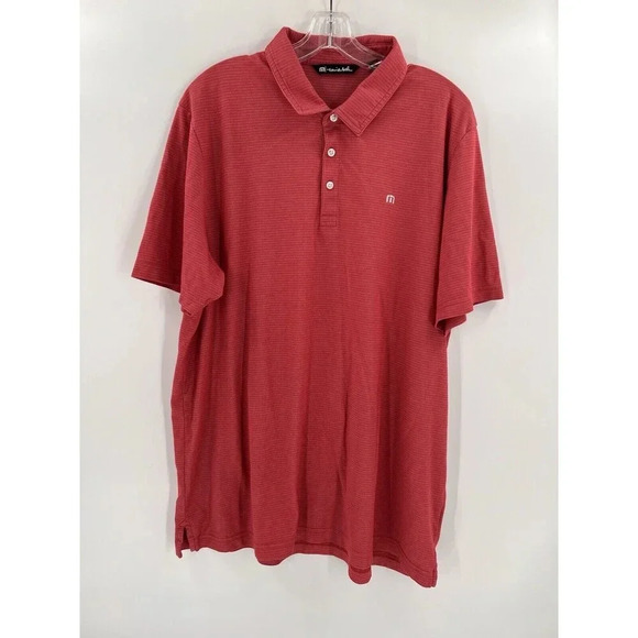 Travis Mathew Polo Shirt Mens 2XL XXL Red Striped Golf Stretch Performance Logo - Picture 1 of 9